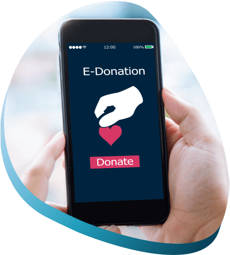 A person contributes to a nonprofit's fundraising campaign by making an online donation or e-donation on their mobile device