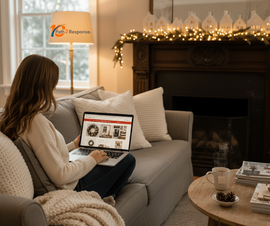photographic image of a woman sitting on her Restoration Hardware style couch, shopping online for holiday home items on her Apple Mac laptop.
