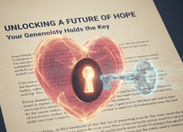 A glowing heart with a keyhole being unlocked by a digital key, symbolizing how spending data is the secret to **attracting new donors**.