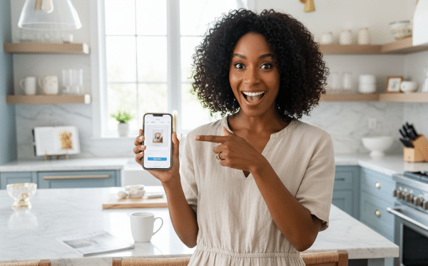A happy customer engages with a brand on her phone, representing the valuable, real-world result of targeting **high-quality digital audiences** with AI.