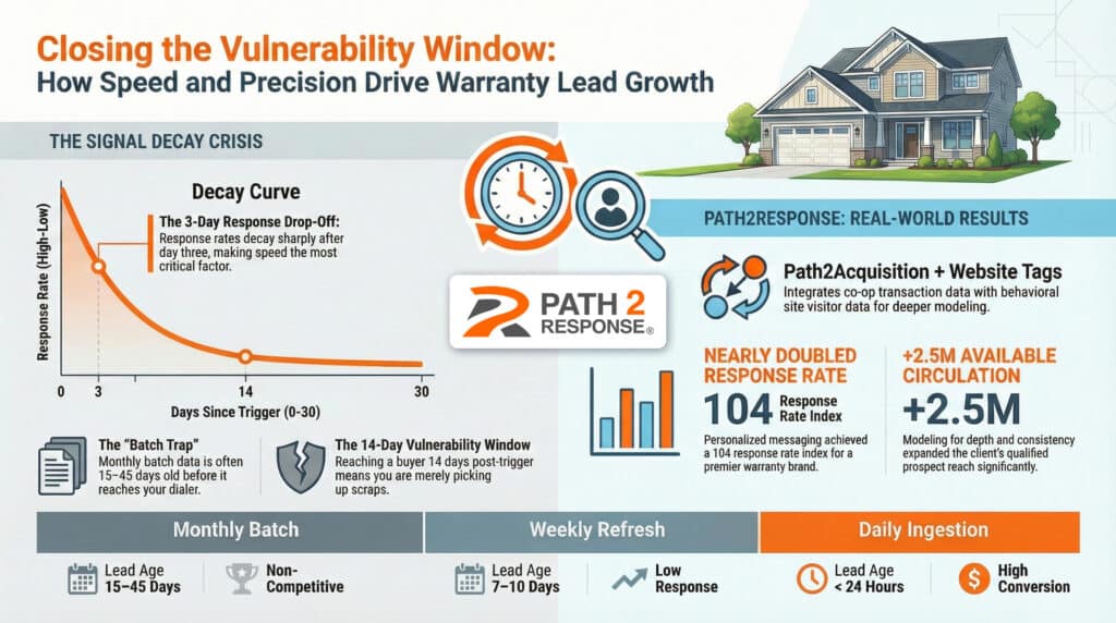 Infographic showing the signal decay curve for warranty leads, comparing monthly batch data at 15-45 days old to Path2Response daily ingestion at under 24 hours.