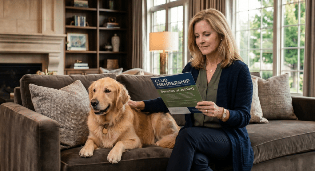 club membership flier inside with dog