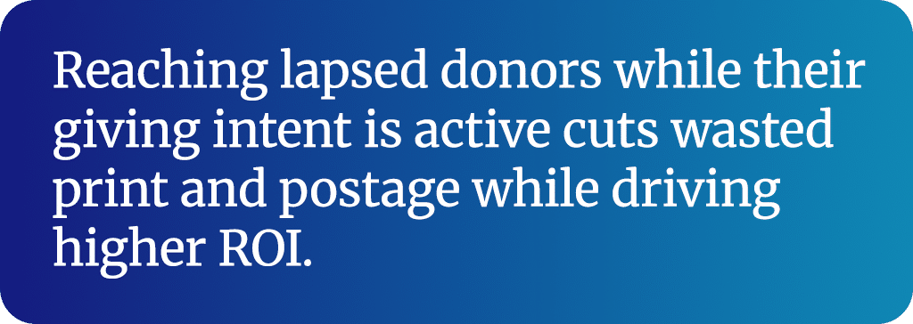 Reaching lapsed donors while their giving intent is active cuts wasted print and postage while driving higher ROI.